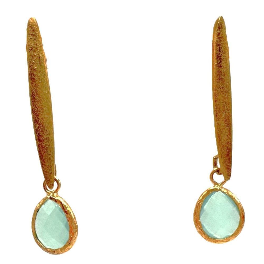 Aqua Teardrop Gold Dangle Earrings Rose Cut Pear Shaped Stone
